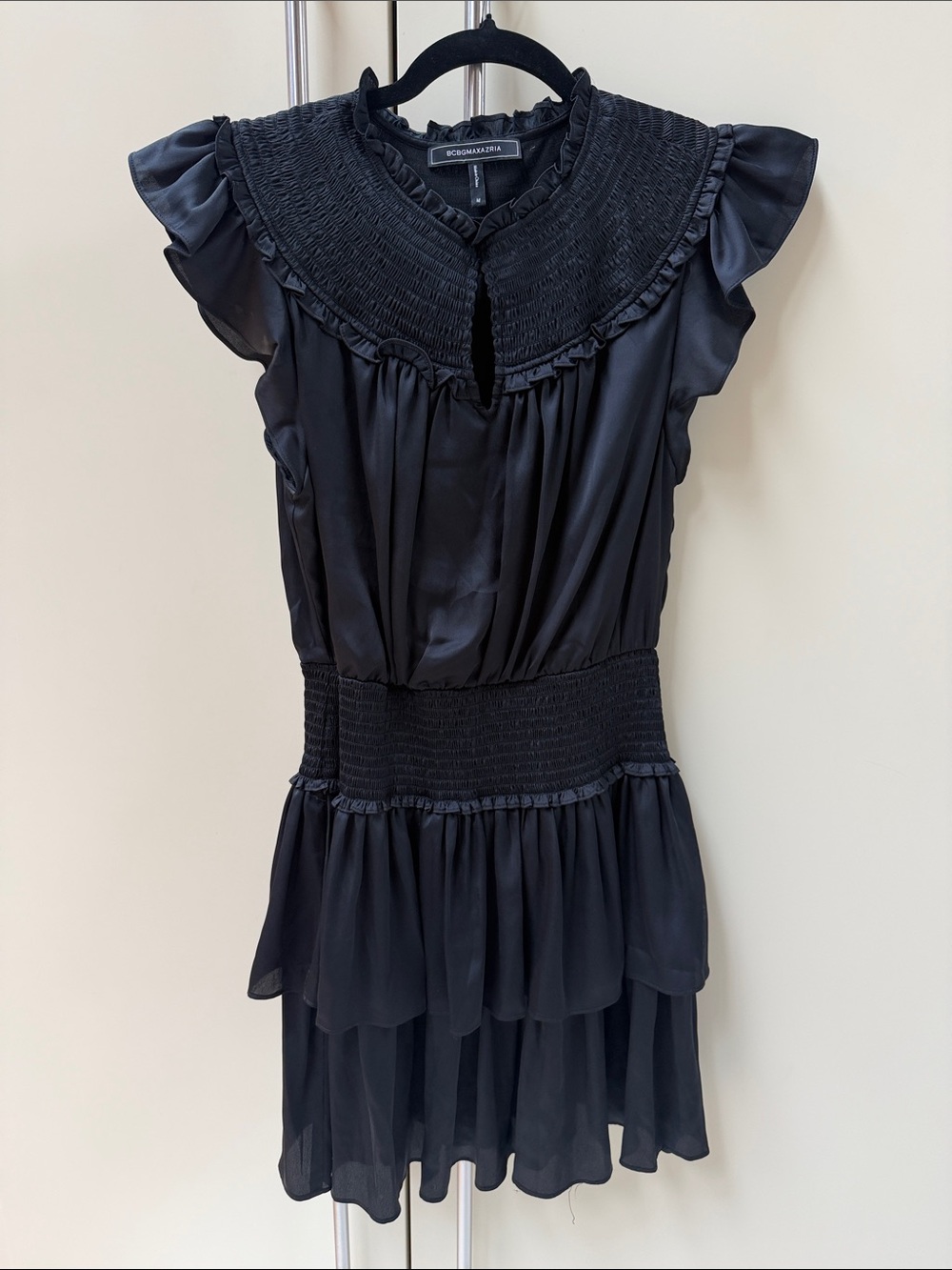 BCBGMAXAZRIA Black Smocked Waist Ruffle Dress